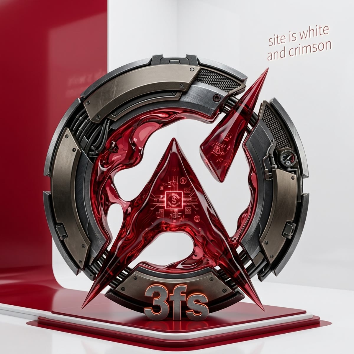 The 3FS emblem: a crimson glass arrow inside a machined ring